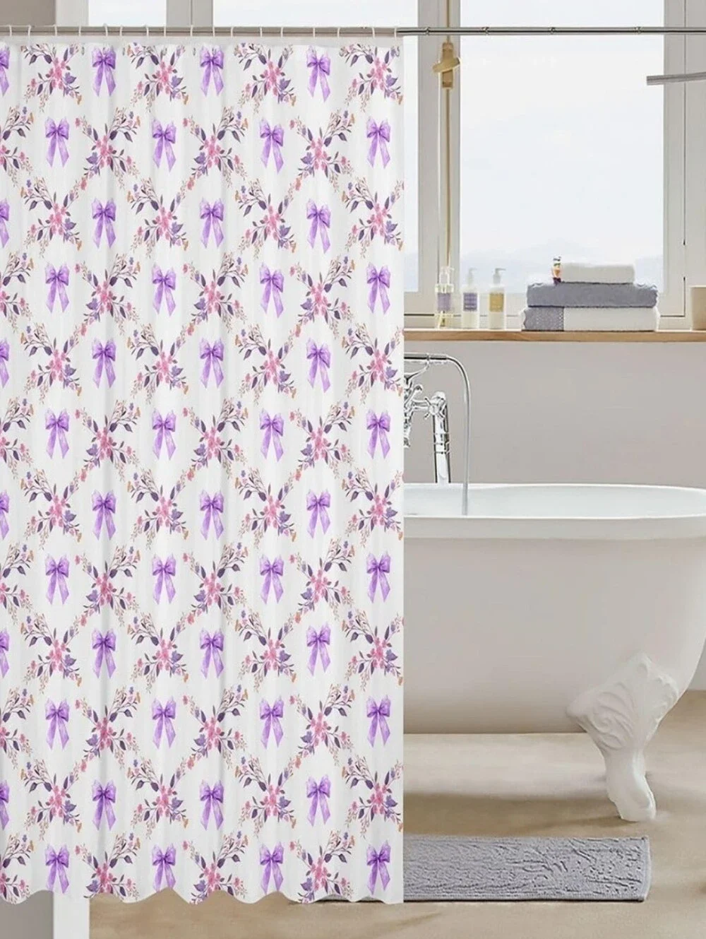 NEW! Beautiful Purple Bows And Flowers Shower Curtain 72x72